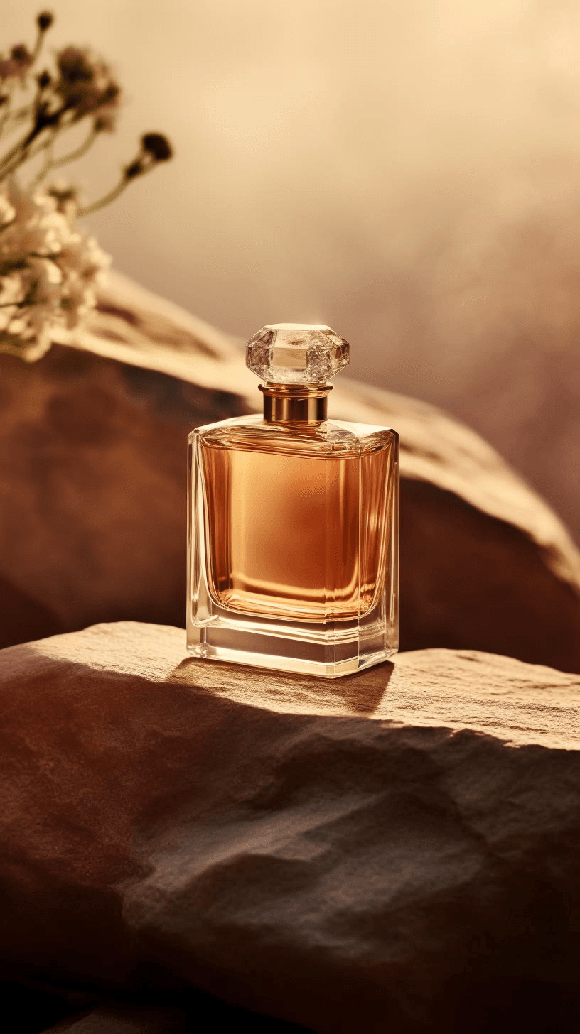 A faceted amber-filled flacon resting on warm desert stone